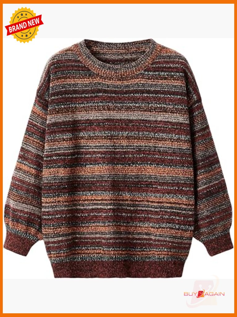 Vintage Striped Oversized Long Sleeve Crew Neck Knit Sweater - Fall Pullover
